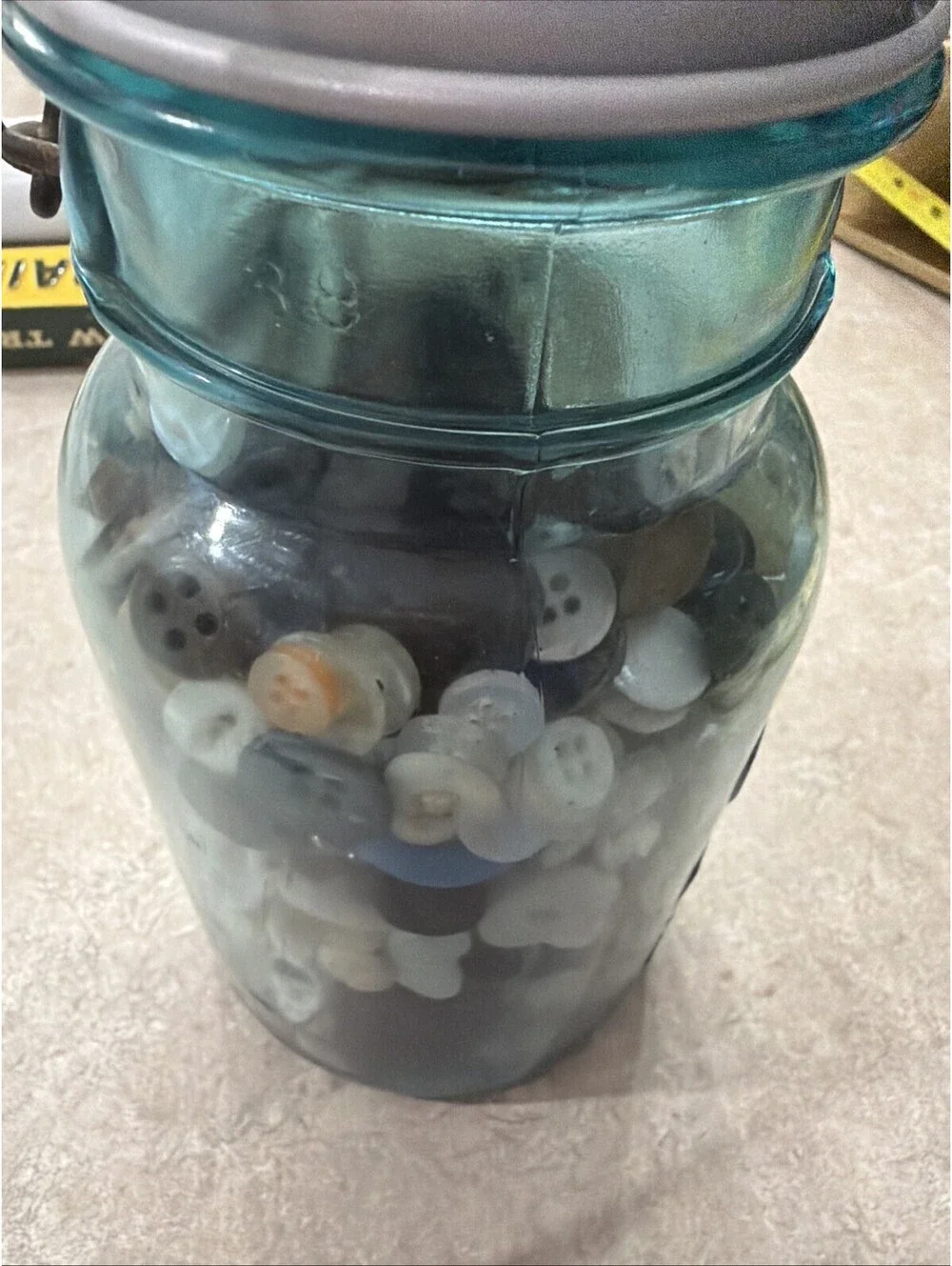 Antique Blue Mason Jar Candle Lamp Old Buttons Primitive Country Farmhouse Decor